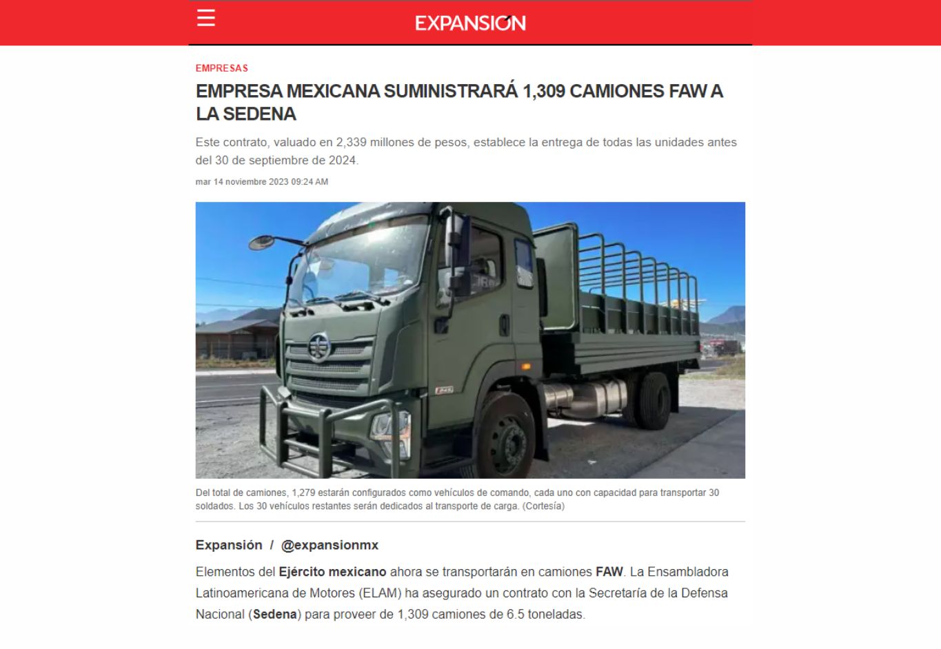 Empresa mexicana suministará 1,309 camiones FAW a la SEDENA