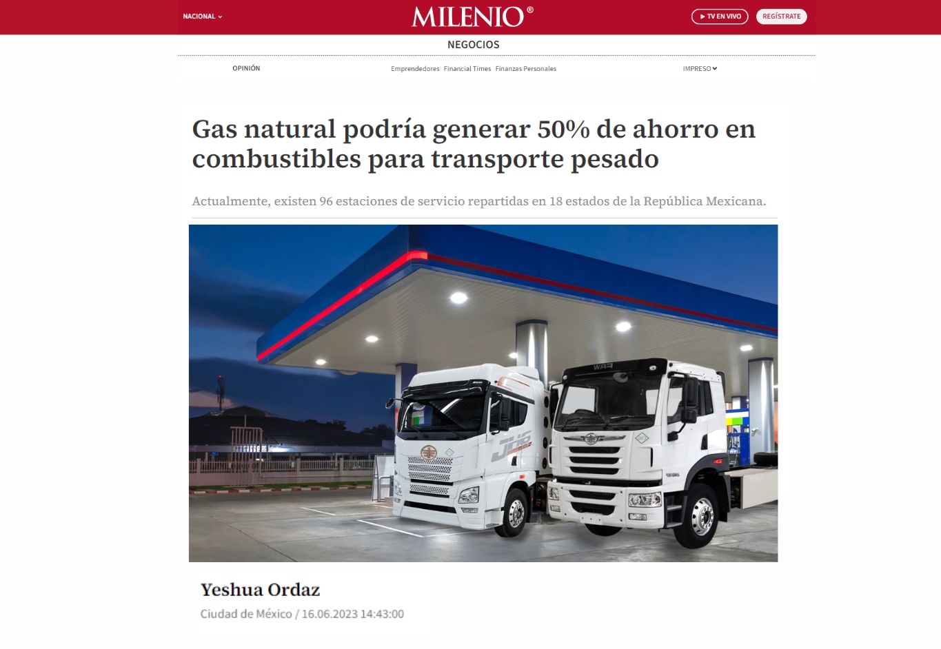Nota Milenio Gas natural podría generar 50% de ahorro en combustibles para transporte pesado